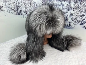 Real Silver fox fur women winter trapper hat Aviator Ushanka style Ears flap - Picture 1 of 11