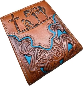 Urbalabs Mens Floral Cowboy Praying At Cross Embossed Cowboy Western Leather - Picture 1 of 7