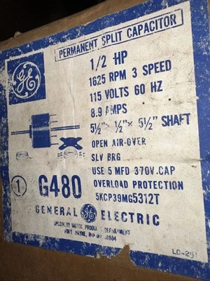 Motor eléctrico de 3 velocidades NOS GE 1/2 Hp 1625 RPM G480 115 voltios 60 HZ 8,9 AMPERIOS Foto 1 de 2