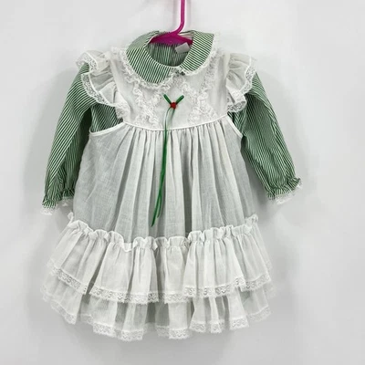 Vestido Bryan Verde Rayas Volantes Blanco Delantal Encaje Borde De Colección Navidad Niño Pequeño 4T Foto 1 de 4