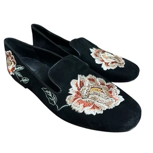 Natori Women's Black Edda Suede Embroidered Floral Loafers Size 9.5 Slip On - Picture 1 of 12