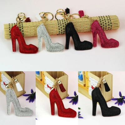 High Heel Shoe Shaped Crystal Diamante Leather Bag Charms Lady Handbag Keyrings - Image 1 of 4