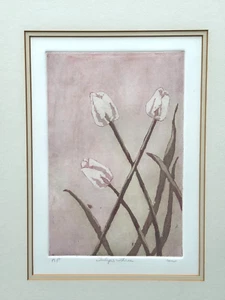 FLO KEMP SIGNED ETCHING TULIPS FLOWERS BOTANICAL FLORAL ART VINTAGE ORIGINAL AP - Picture 1 of 9