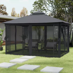 4m x 3m Metal Gazebo Garden Pergola With Mesh Curtain Outdoor Sun Shade Shelter - Picture 1 of 17