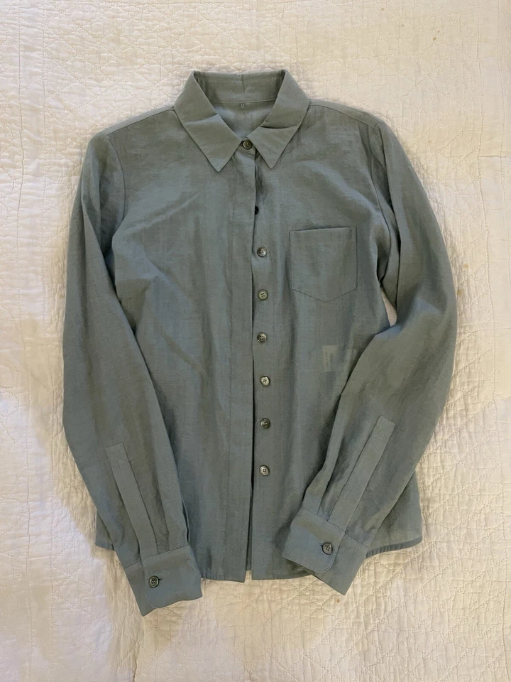 Blusa Fendi Abotonada Peplum Top Algodón Lino Seda Diseñador Verde Azulado Foto 1 de 4