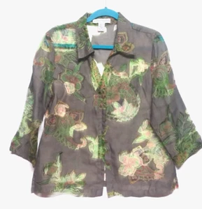 Bamboo traders blouse FLAX BLEND Size M gray green collared button up semi-sheer - Picture 1 of 8