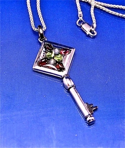 STERLING SILVER KEY PENDANT WITH MULTICOLOR GEMSTONES, 18" CHAIN - Picture 1 of 2