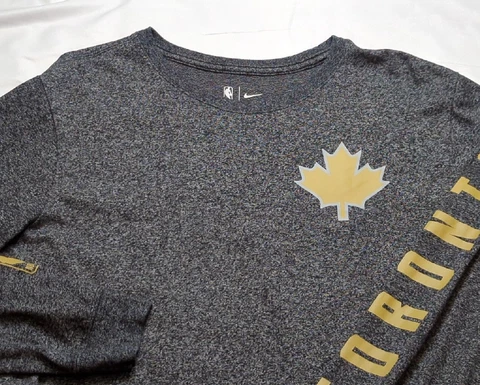 Toronto Raptors Shirt Men's Large Gray Gold Leaf Nike Tee Long Sleeve Cover