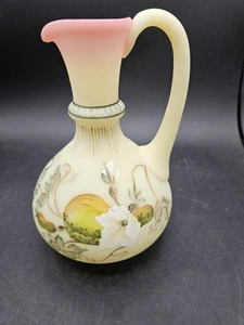 VTG. Fenton Uranium Burmese Glass Golden Gourds Ewer Hand Painted Signed - Picture 1 of 11