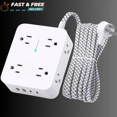 Surge Protector Power Strip 8 Widely Outlet Extender 4 USB Ports 5Ft Extend Cord - Image 1 of 4