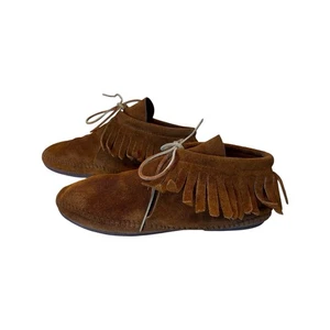 Vtg 70s Suede Womens 8 / 38.5 Leather Moccasins Ankle Brown Fringe Boho Western - Picture 1 of 7