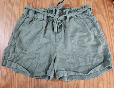 Sanctuary Women's Army Green Shorts Lrg Linen Rayon Paper Bag 4" Cuffed Inseam - Image 1 of 4