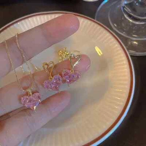 Pendientes collares colgantes de cristal rosa circón en forma de corazón Y2k de moda 3 piezas S... - Imagen 1 de 9