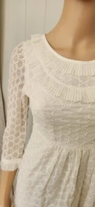 REVIEW sz XS 6 White Brocade Lace Ruffle DRESS back Zip SHEER SLV #A1 - Picture 1 of 15