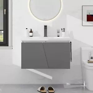 31" Schwebender Badezimmer Waschtisch Unterschrank Waschbecken Set Aufbewahrung Regale LED Licht - Bild 1 von 12