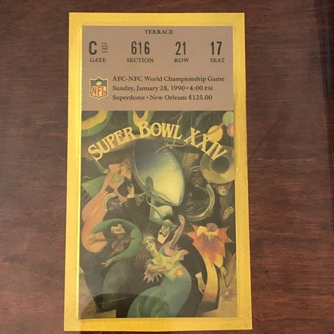 Superbowl 24 Ticket Plaque Souvenir XXIV January 28, 1990 SF vs Broncos 55-10 Cover