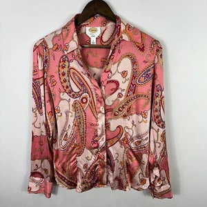 Talbots Button Up Top Women 8 Pink Paisley Stretch Silk Ruffle Boho Y2K Romantic - Picture 1 of 7