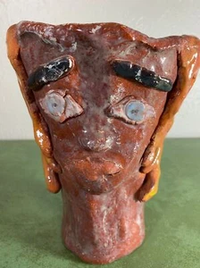 1946 Handmade & Signed Glazed Pottery Afrocentric Face Vase - Picture 1 of 9