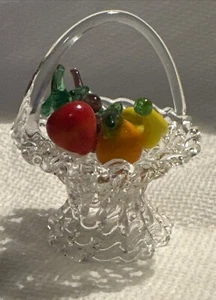 Hand Blown Spun Glass miniature fruit basket w tiny assortment of 4 fruits - Picture 1 of 6
