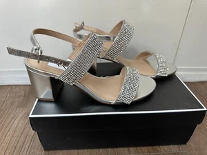 Women's New York Nina Silver Heels Block Rhinestone Ankle Strap Peep Toe 6.5 - Picture 1 of 6