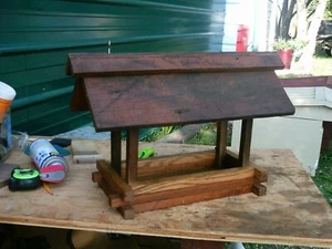 Bird Feeder - Handcrafted-log house hardwood base-barn lumber roof - Picture 1 of 3