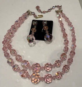 VINTAGE DOUBLE STRAND PINK  AUSTRIAN CRYSTAL NECKLACE & DROP EARRINGS SET - Picture 1 of 4