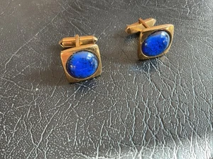 Vintage French Cuff links Gold Plated With Square Shape w/ Round Lapis Lazuli - Picture 1 of 4