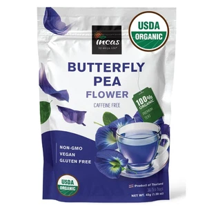 Incas 100% USDA Organic Butterfly Pea Flower 30 Tea Bags Non GMO Verified Caf... - Picture 1 of 5