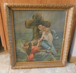 25-741 Vint 1940's Rock of Ages Lithograph Religious Wood Carved Frame Picture - Picture 1 of 9