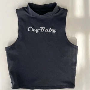 Cry Baby Black Sleeveless Cropped Top Mock Turtleneck Size Medium Silver Letters - Picture 1 of 6
