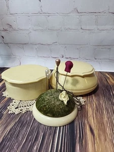 Cottagecore Decor Ivory Pyralin Vanity Set Art Deco French Celluloid Boxes - Picture 1 of 6