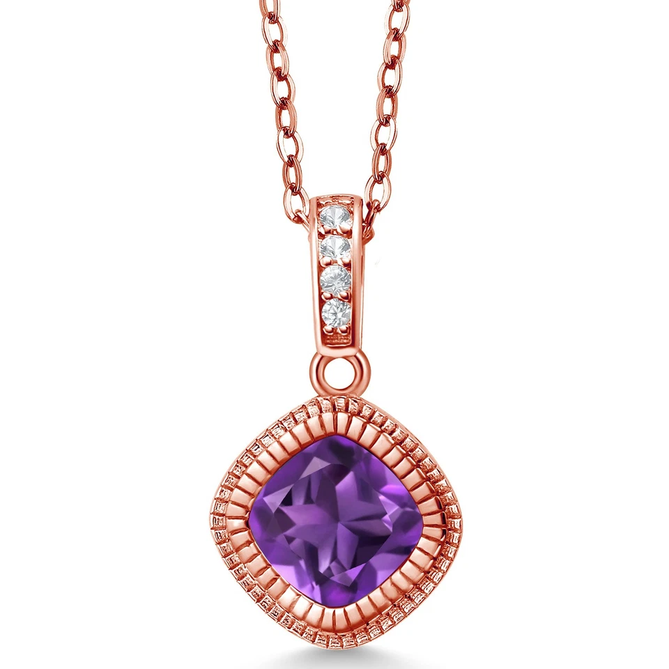1.45 Ct Cushion Purple Amethyst 18K Rose Gold Plated Silver Pendant with Chain - Image 1 of 3