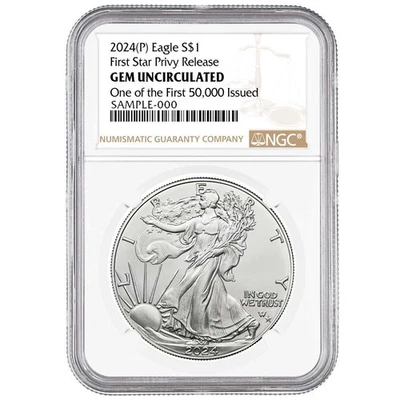 2024 (P) $1 1 oz American Silver Eagle Primera Estrella Privado Lanzamientos Uno de los Primeros Foto 1 de 3