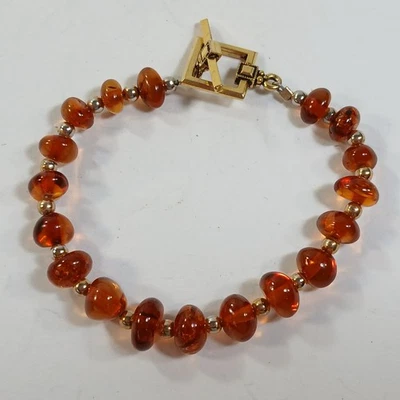 Classic Amber Beads Gold Tone Spacers Baroque Bracelet Toggle 7 Inches - Imagem 1 de 4