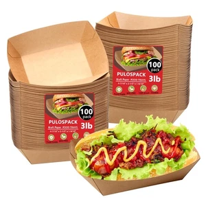 100 Pack 3lb Heavy Duty Kraft Leak Proof Paper Food Boats Disposable Nacho Tr... - Picture 1 of 9