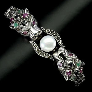 925 Sterling Silver Bracelet Round Ruby Pearl Natural Gemstone Tiger Jewelry 7.5 - Picture 1 of 13
