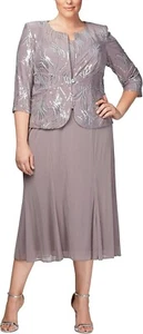 Alex Evenings Women's Pewter/Frost Tea Length Mother of The Bride Jacket Dress - Picture 1 of 12