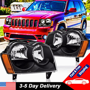 For 2005 2006 2007 Jeep Grand Cherokee Black Housing Headlights Lamp Replacement