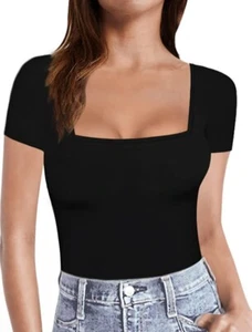 MANGOPOP Women's Sz XS Black Square Neck Short Sleeve Snap Crotch Bodysuit NWT - Picture 1 of 6