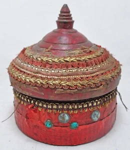 Antique Wooden Kum Kum Powder Tika Box Original Old Hand Carved Lacquer Painted - Picture 1 of 6