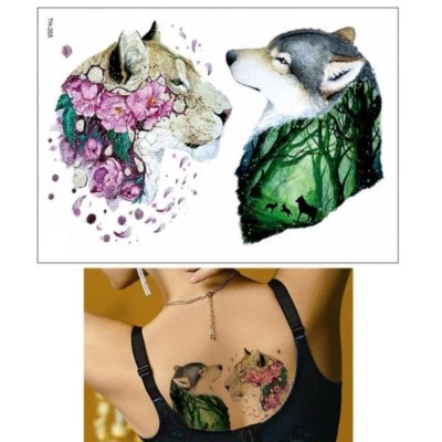JUSTFOX Temporary Tattoo Tiger Roses Wolf Design Adhesive Tattoo Body Art