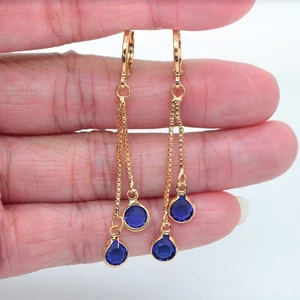 18K Yellow Gold Filled Fashion Fashion Blue Topaz Round Drop Tassel Earrings - Picture 1 of 1