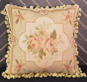 Funda de almohada de lana tejida a mano Aubusson tapiz francés cojín beige 18x18 - Imagen 1 de 12