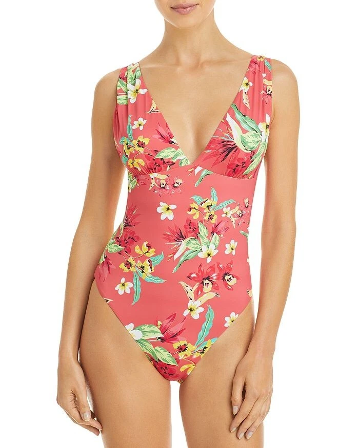 Aqua Swim Women Ruched Printed Coral One Piece Swimsuit Size XS 10843