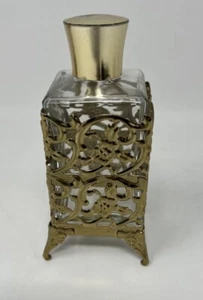 Vintage Vanity Perfume Bottle Floral Filigree Gold Color 4.75" Tall w/ Legs - Picture 1 of 7