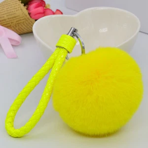 Yellow 3.15" Soft Rabbit Fur Ball Fluffy KeyChain Ring Handbag Car accessories - Picture 1 of 1