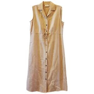 Vtg Liz Claiborne Linen Dress 80s Tan Sleeveless Timeless Collar Button Up Sz 6 - Picture 1 of 12