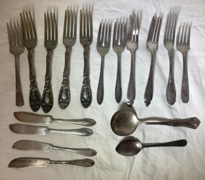 Antiguo Plato de Plata Surtido Lote de 17 incl 11 tenedores 2 cucharas 4 cuchillos 1 lb 5 oz - Imagen 1 de 12