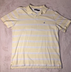 Nautica Polo Shirt Adult L Large Yellow White Blue Striped Sail Logo Preppy Mens - Picture 1 of 7