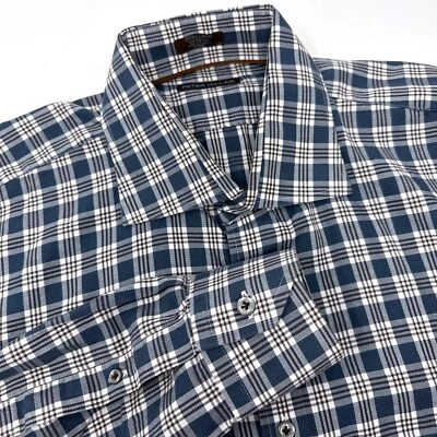 Camisa Peter Millar Para Hombres 100% Algodón Manga Larga Abotonada Azul Marrón A Cuadros XL Foto 1 de 4